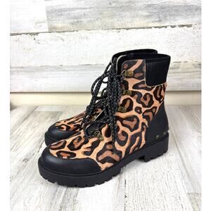 Desigual Womens 10 Black Leather Biker Leopard Chunky Ankle Lace-Up Boots NEW